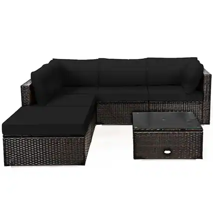 Front. SlickBlue - 6-Piece Outdoor Rattan Sectional Sofa Set with Cushions and Coffee Table - Black.