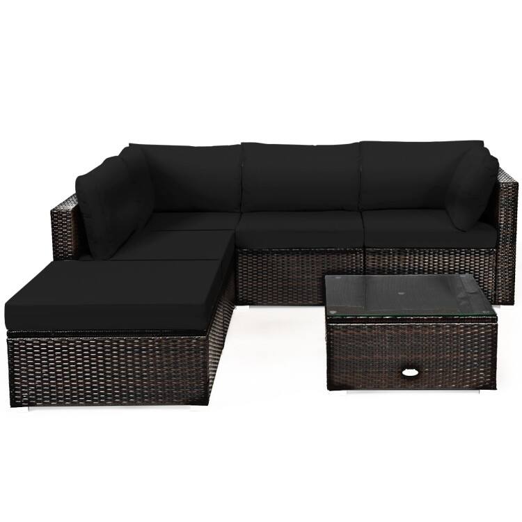 SlickBlue - 6-Piece Outdoor Rattan Sectional Sofa Set with Cushions and Coffee Table - Black