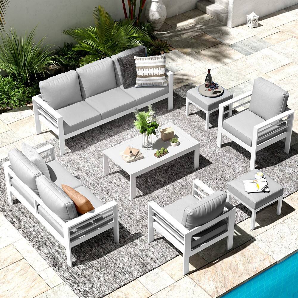 Back. Mondawe - 7-Piece Patio Seating Set with White Frame and Removable Cushions - White+Grey.