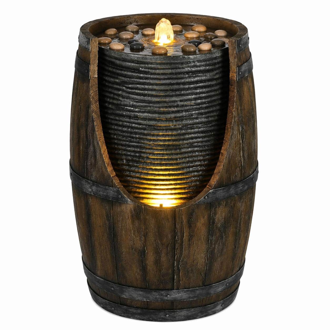 RYHNUYNE - Outdoor Water Fountain with Bird Waterer Rustic Barrel Garden Fountain with LED Lights and Pump Faux price history on PriceWatchPro