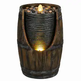 RYHNUYNE - Outdoor Water Fountain with Bird Waterer Rustic Barrel Garden Fountain with LED Lights and Pump Faux