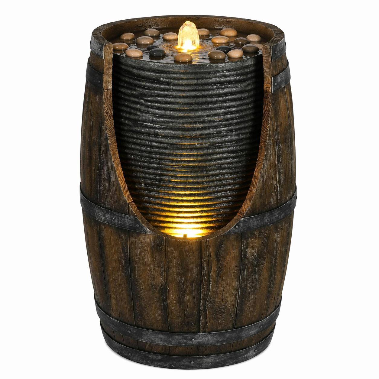 Front. RYHNUYNE - Outdoor Water Fountain with Bird Waterer Rustic Barrel Garden Fountain with LED Lights and Pump Faux.