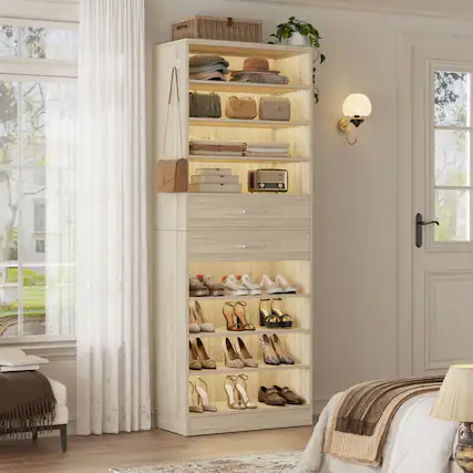 Front. Aheaplus - 10-Tier 65cm Freestanding Shoe Armoire with 2 Drawers, Adjustable Shelves & Side Hooks – Entryway/Bedroom - White Oak.