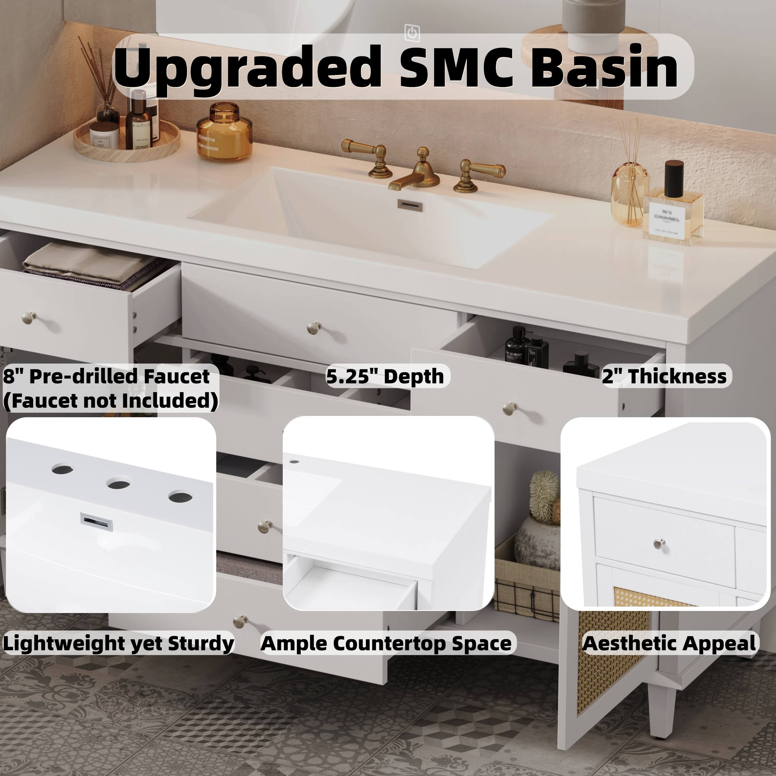 Upgraded SMC Basin

8" Pre-drilled Faucet (Faucet not Included)

5.25" Depth

2" Thickness

Lightweight yet Sturdy

Ample Countertop Space

Aesthetic Appeal