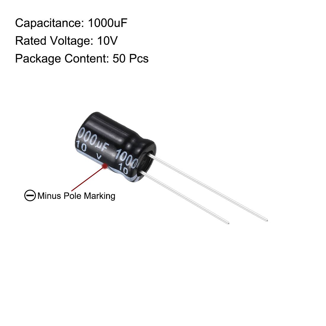 Capacitance: 1000uF  
Rated Voltage: 10V  
Package Content: 50 Pcs  

Minus Pole Marking