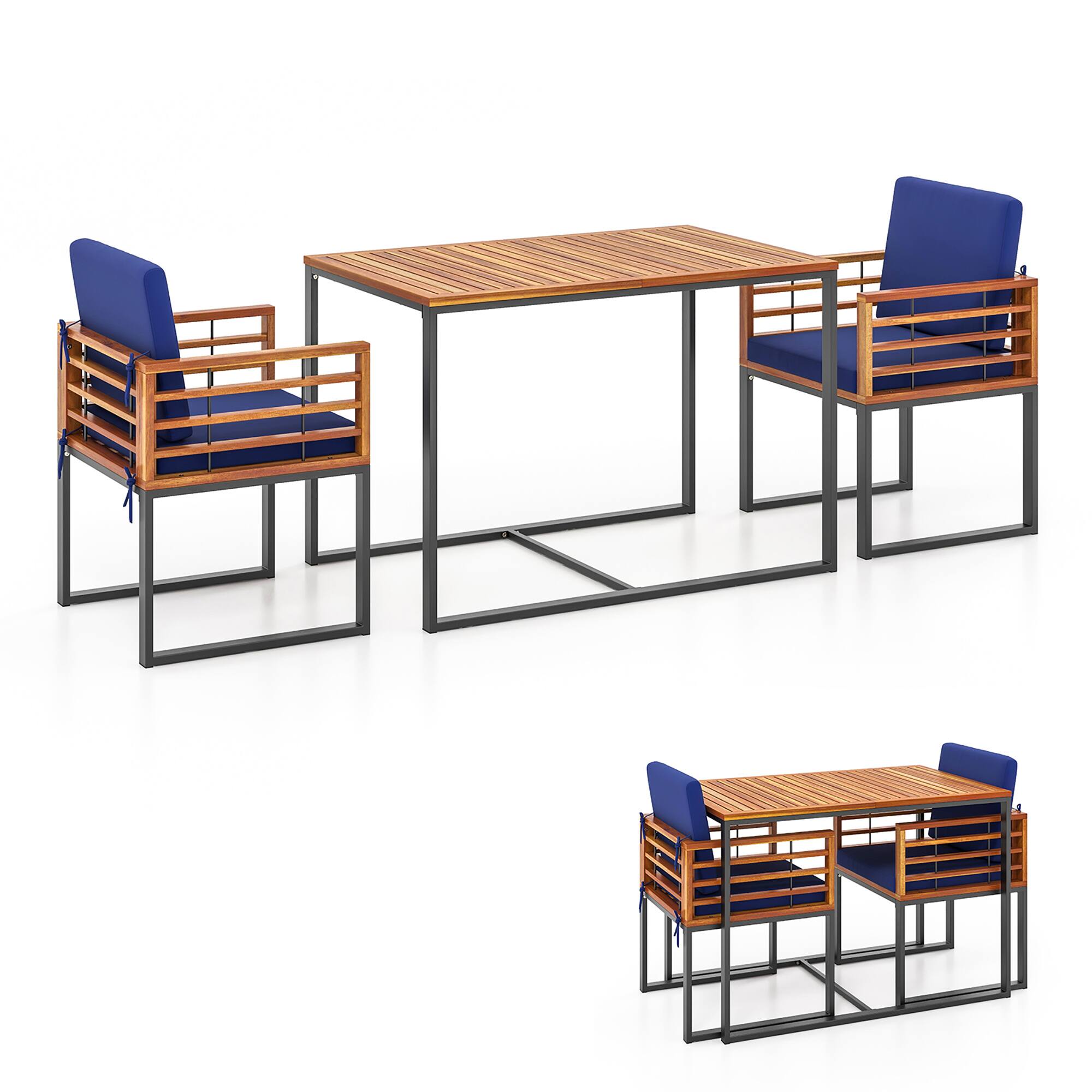 Alt View 9. Gymax - Gymax 3 Piece Outdoor Dining Set 2 Acacia Wood Armchairs w/ 43.5 Inch Dining Table - Navy Blue.