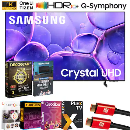 Sure, here is the corrected and grouped text from the image:
---
**4K UltraHD**
**One UI**
**TIZEN**
**HDR10+**
**Q-Symphony**
**SAMSUNG**
**Crystal UHD**
**DECOGEAR**
**CPS BUNDLE**
**26 MONTH**
**PREMIUM PROTECTION PLAN**
**EXCLUSIVE HOME THEATER ESSENTIALS**
**2 DECOGEAR HDMI CABLES**
**DAILY BURN**
**A BETTER YOU**
**FLIXFLING**
**Groxker TV**
**Be a better you**
**PLEX TV**
**STREAM SMARTER**
**HDMI CABLES**
---