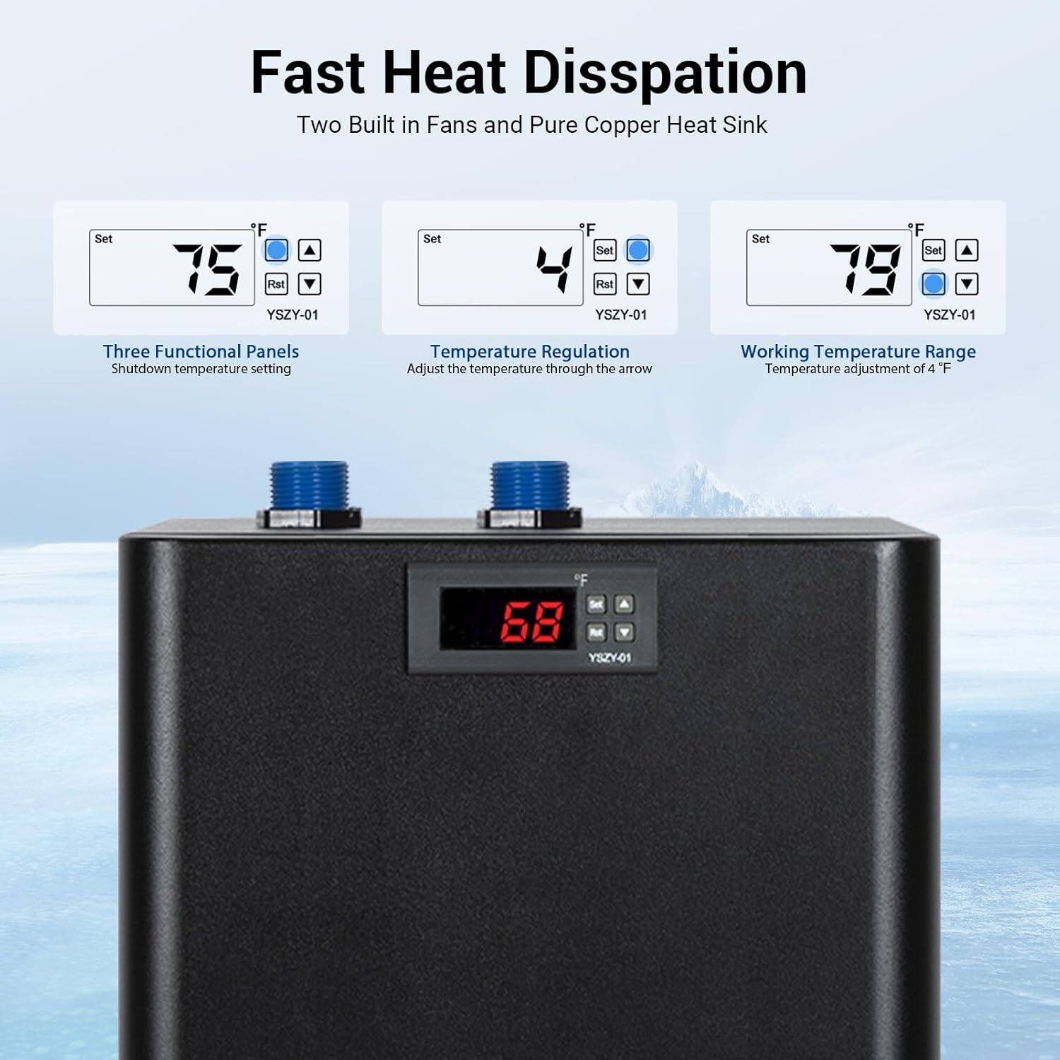 Fast Heat Dissipation  
Two Built-in Fans and Pure Copper Heat Sink  

Three Functional Panels  
Shutdown temperature setting  

Temperature Regulation  
Adjust the temperature through the arrow  

Working Temperature Range  
Temperature adjustment of 4°F  

Set 75°F  
YSZY-01  

Set 4°F  
YSZY-01  

Set 75°F  
YSZY-01  

68°F  
YSZY-01