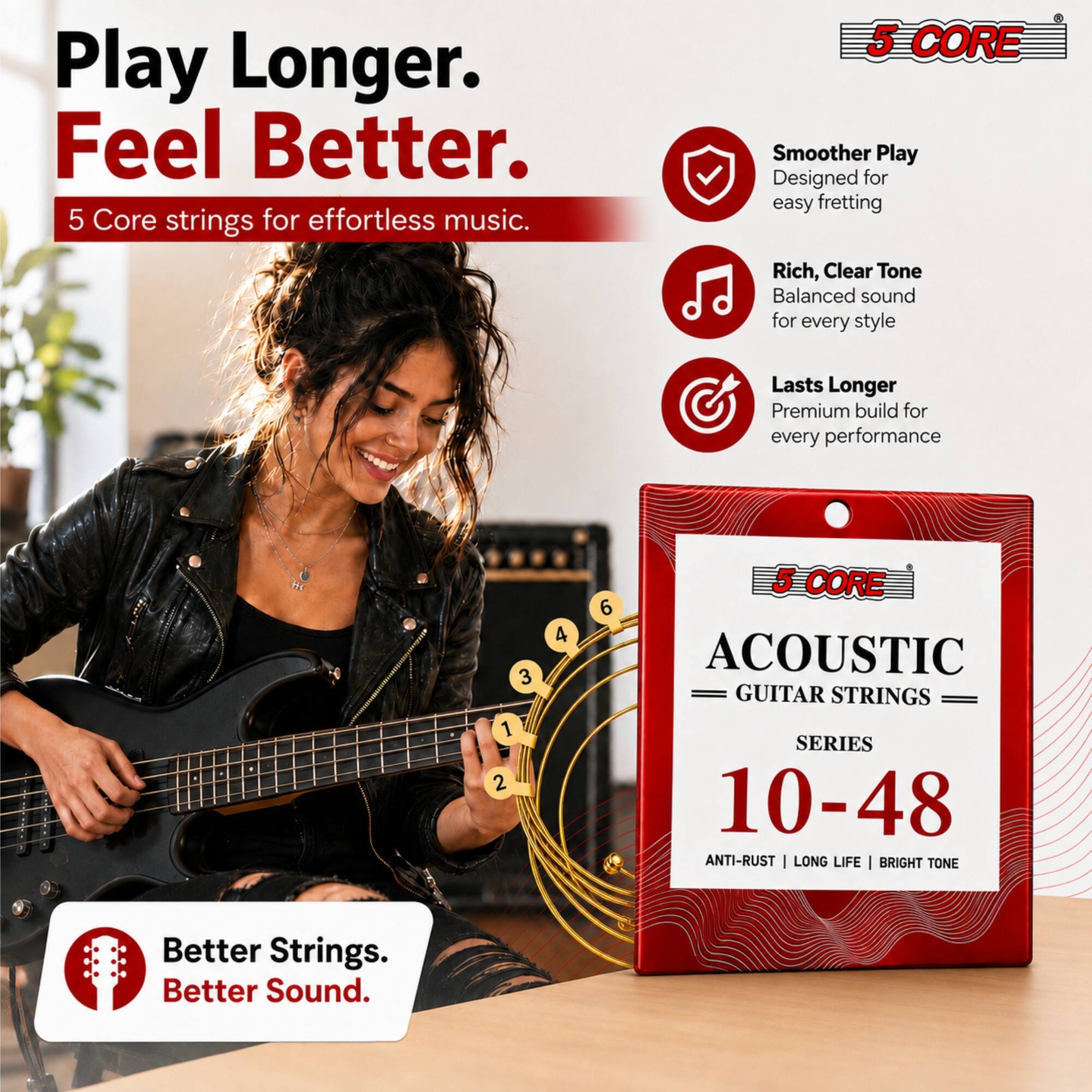 Play Longer. Feel Better.  
5 Core strings for effortless music.  

5 CORE  
Smoother Play  
Designed for easy fretting  
Rich, Clear Tone  
Balanced sound for every style  
Lasts Longer  
Premium build for every performance  

3 1 2  
4  
6  
5  

5 CORE ACOUSTIC GUITAR STRINGS SERIES 10-48  
ANTI-RUST | LONG LIFE | BRIGHT TONE  

Better Strings. Better Sound.