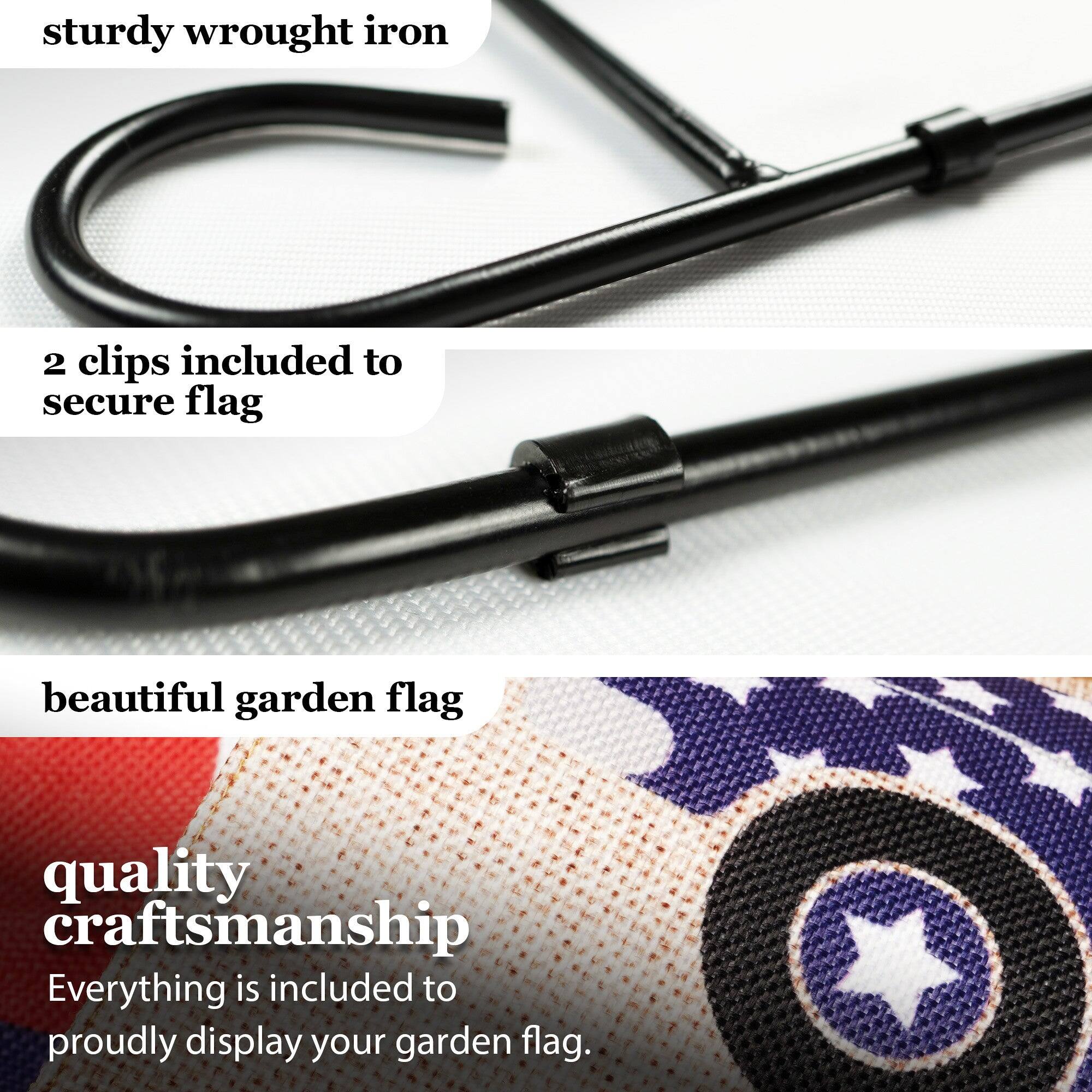 - Sturdy wrought iron
- 2 clips included to secure flag
- Beautiful garden flag
- Quality craftsmanship
- Everything is included to proudly display your garden flag.