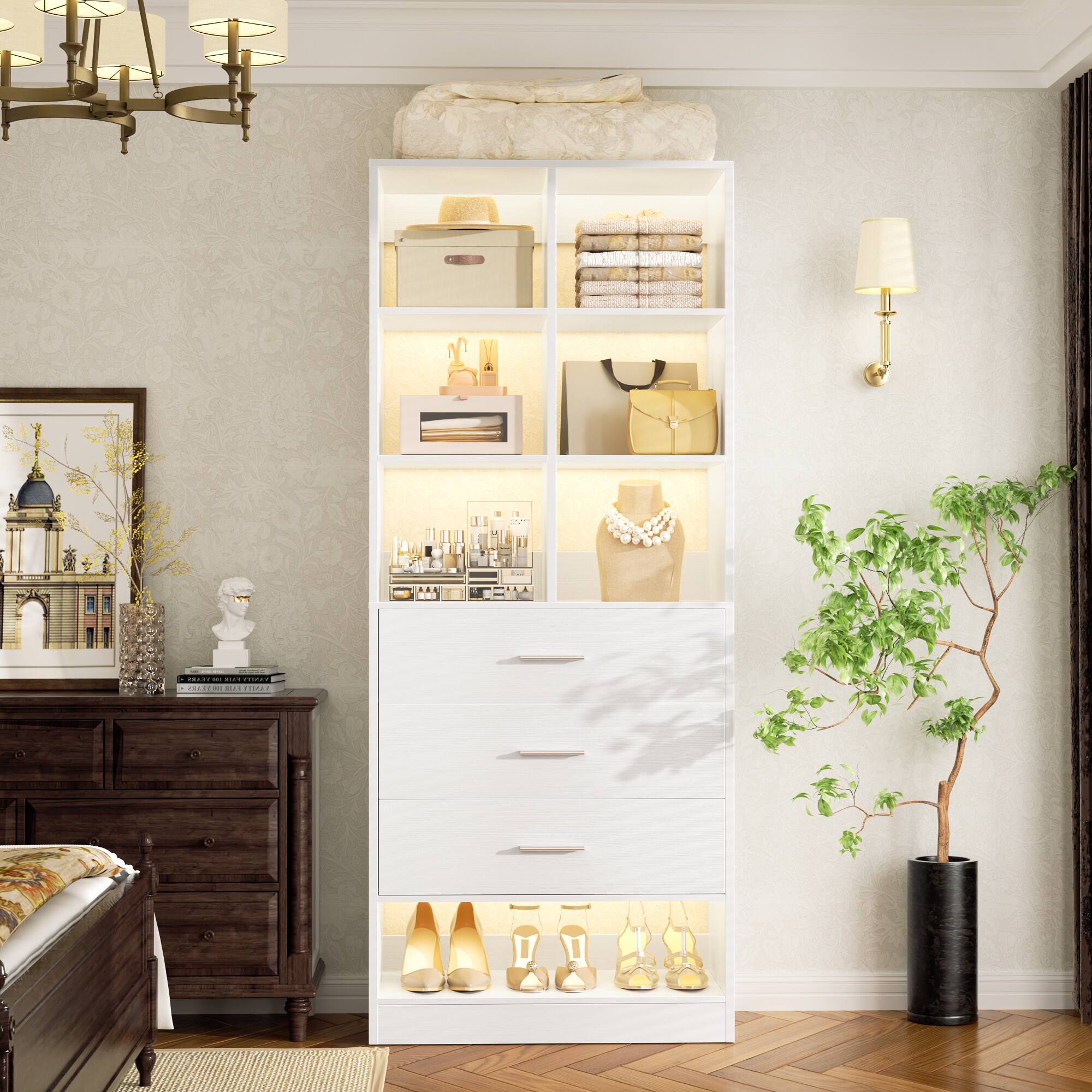 Back. Aheaplus - 7.9 FT Modular Wardrobe System 4-Piece Set with 12 Drawers & 24 Cube Storage, Large Walk-in Closet Organizer Unit - White.