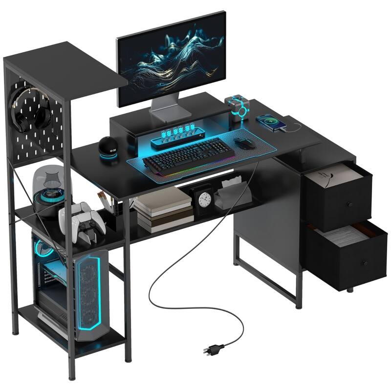 Back. Anysun - 56" Computer Desk with Power Outlets, LED Lights & Storage, Gaming or Home Office Workstation - Black.