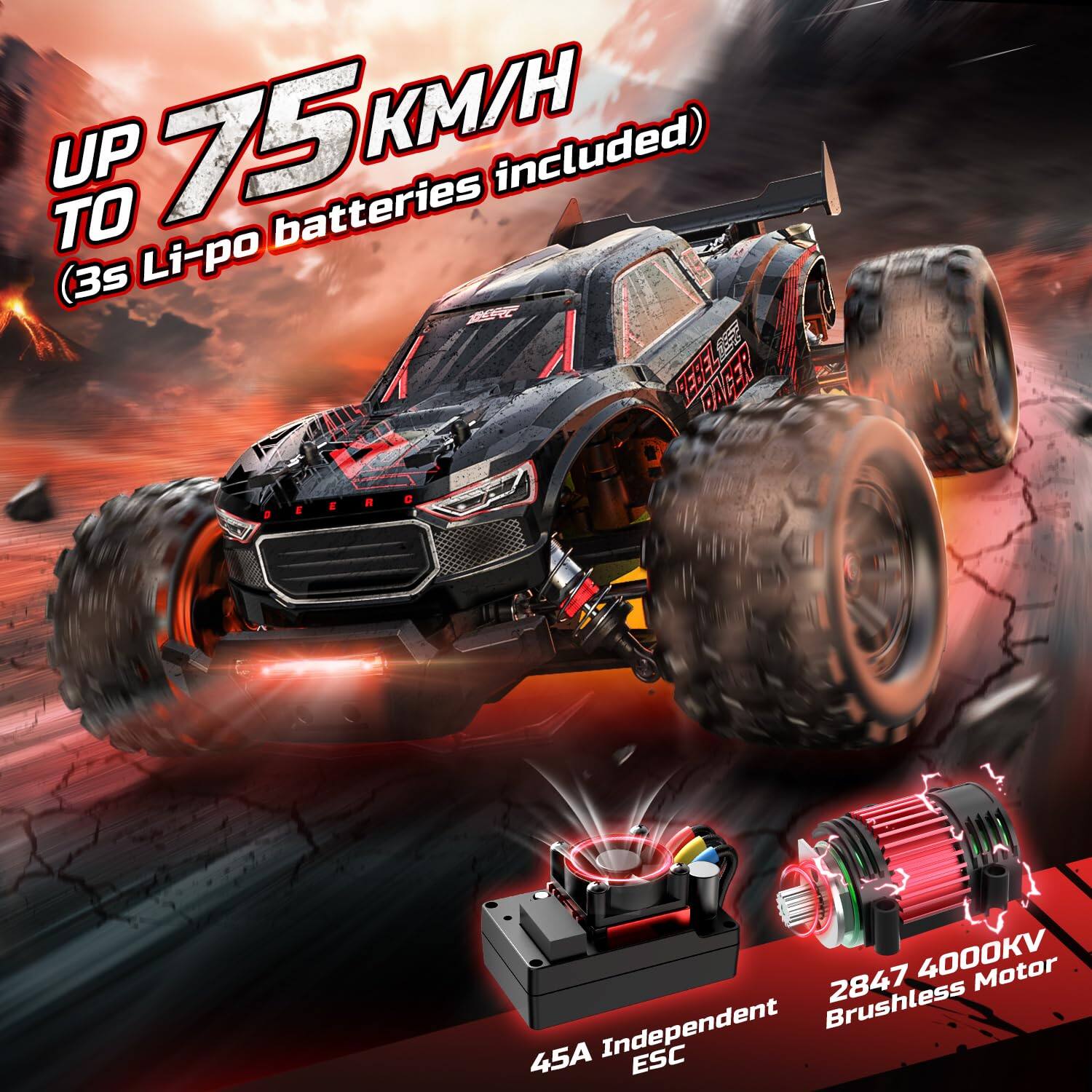 UP TO 75 KM/H (3s Li-po batteries included)  
2847 4000KV Motor  
45A Independent Brushless ESC