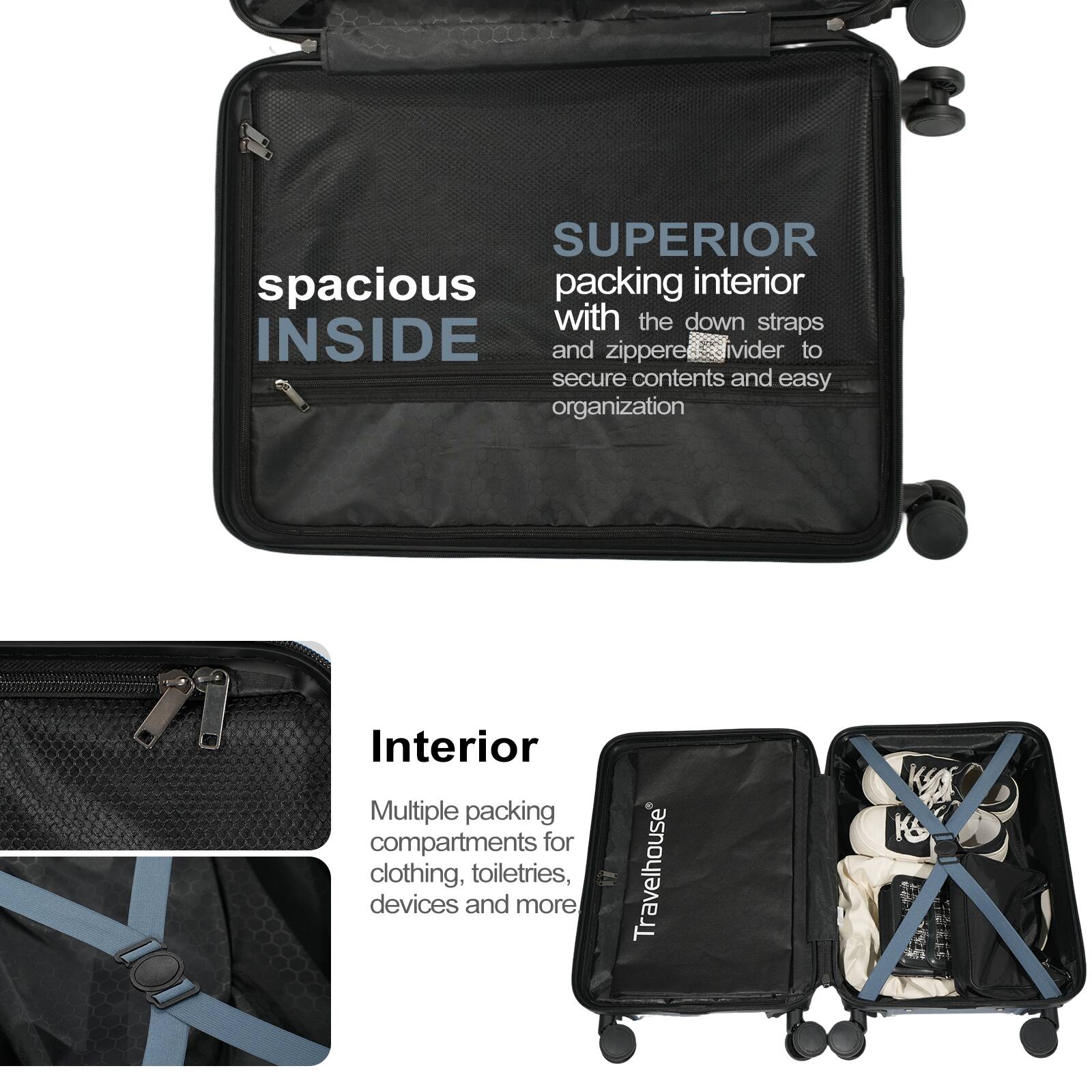 SUPERIOR spacious packing interior with the down straps INSIDE and zipper divider to secure contents and easy organization

Interior Multiple packing compartments for clothing, toiletries, devices and more

Travelhouse