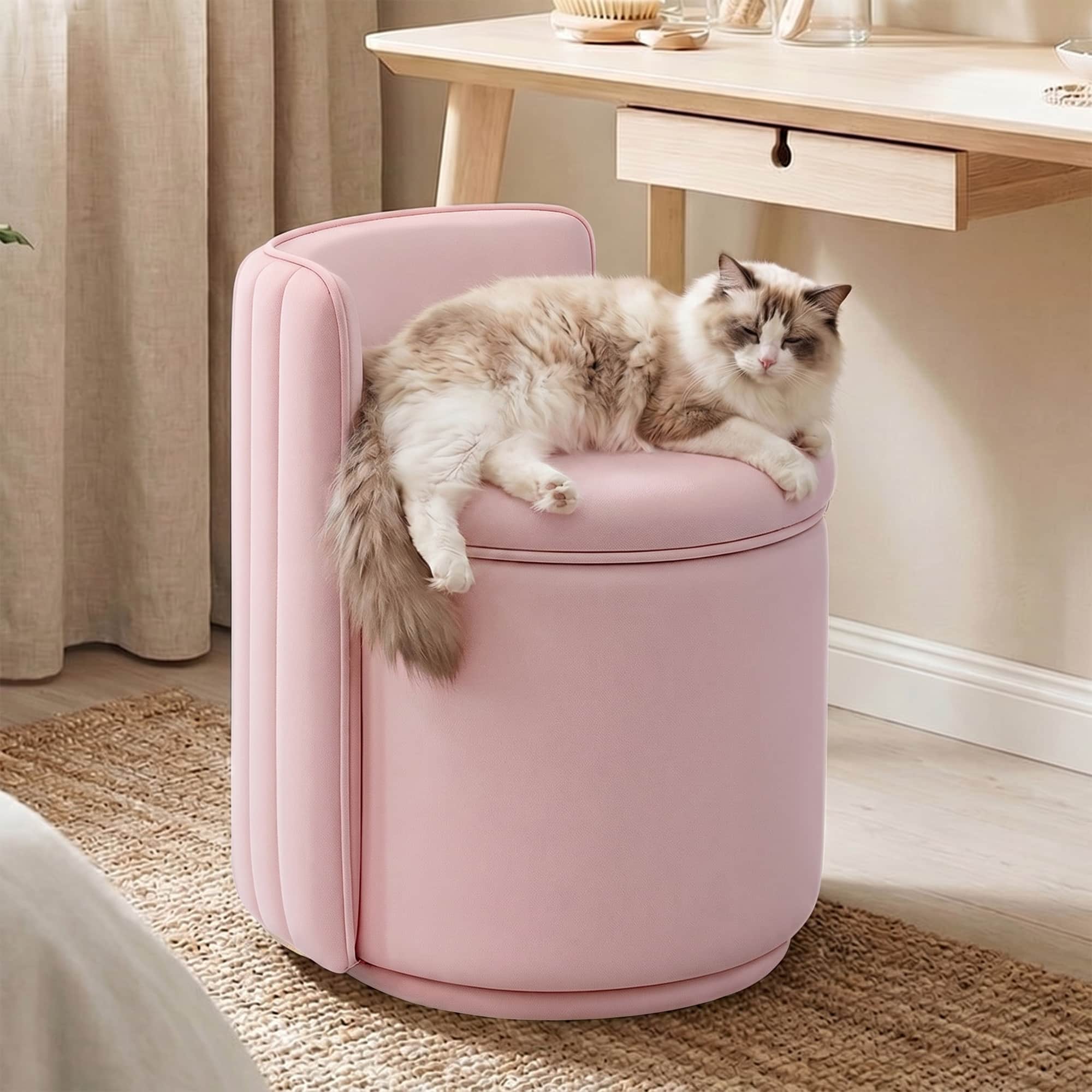 Brick Attic - Vanity Chair with Storage, Swivel Velvet Makeup Stool with Wave Backrest,Round Upholstered Closet Stool - Pink