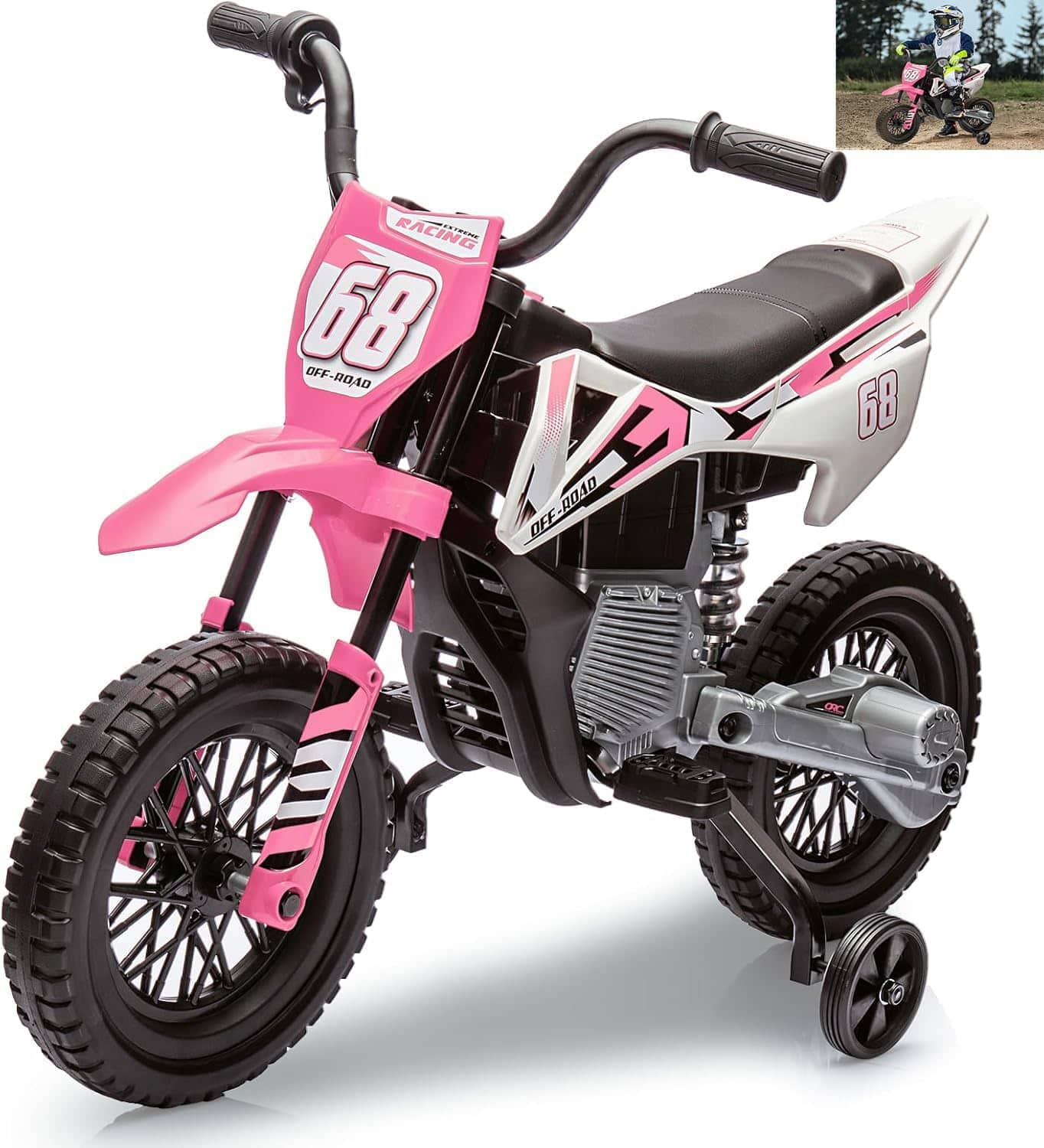 Homhougo - 12V Electric Dirt Bike for Kids, Training Wheels, Twist Grip Throttle, Built-in Music, Safe 3 MPH Ride-On