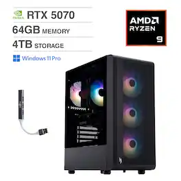 Acer - Nitro 60 Desktop PC (AMD Ryzen 9 7900, 64GB DDR5, 4TB PCIe SSD, GeForce RTX 5070, Win 11 Pro) w/USB Hub - Black