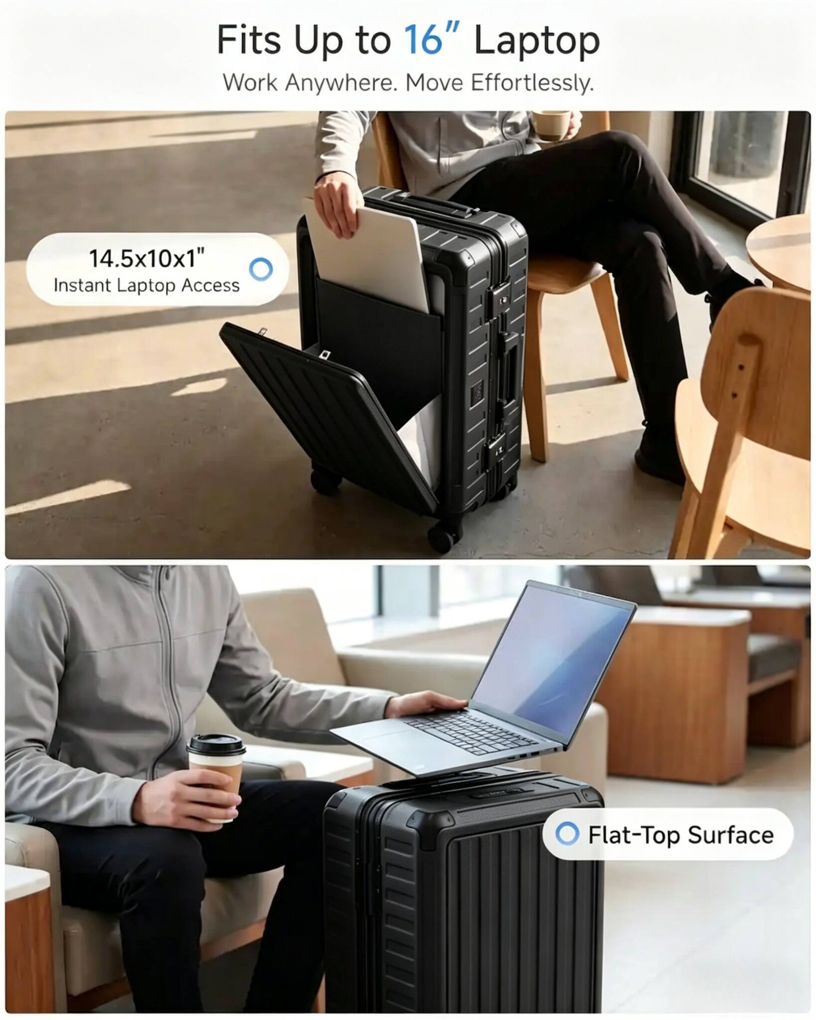 Fits Up to 16" Laptop  
Work Anywhere. Move Effortlessly.  

14.5x10x1"  
Instant Laptop Access  

Flat-Top Surface