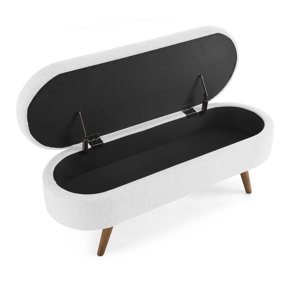Alt View 6. Ropilly - Ropilly White Oval Storage Bench Upholstered Linen Ottoman Seat with Rubber Wood Legs - White.