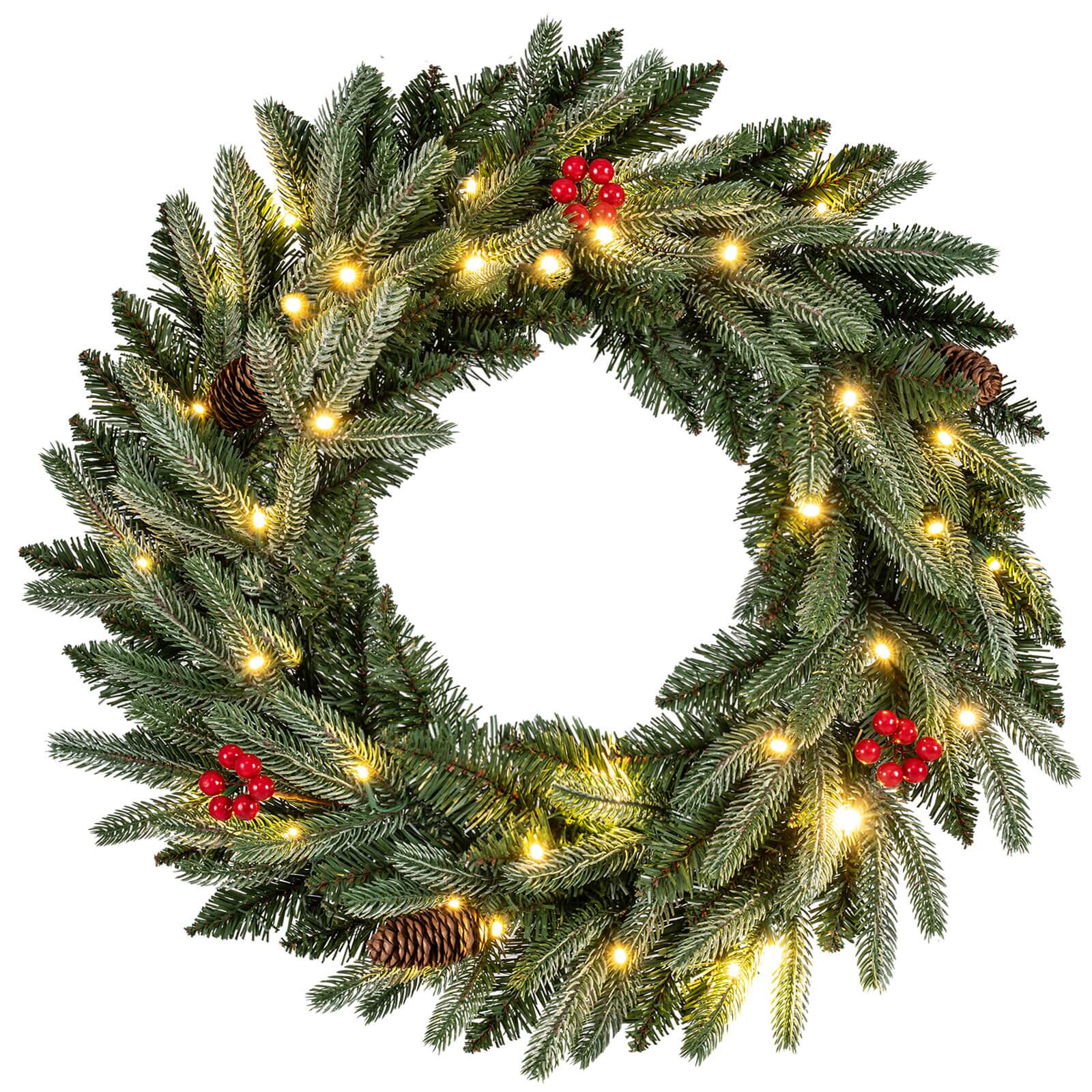 Front. Costway - Costway 1 PCS 24" Pre-lit Christmas Wreath Front Door Artificial Xmas Wreath with Red Berries - Green.