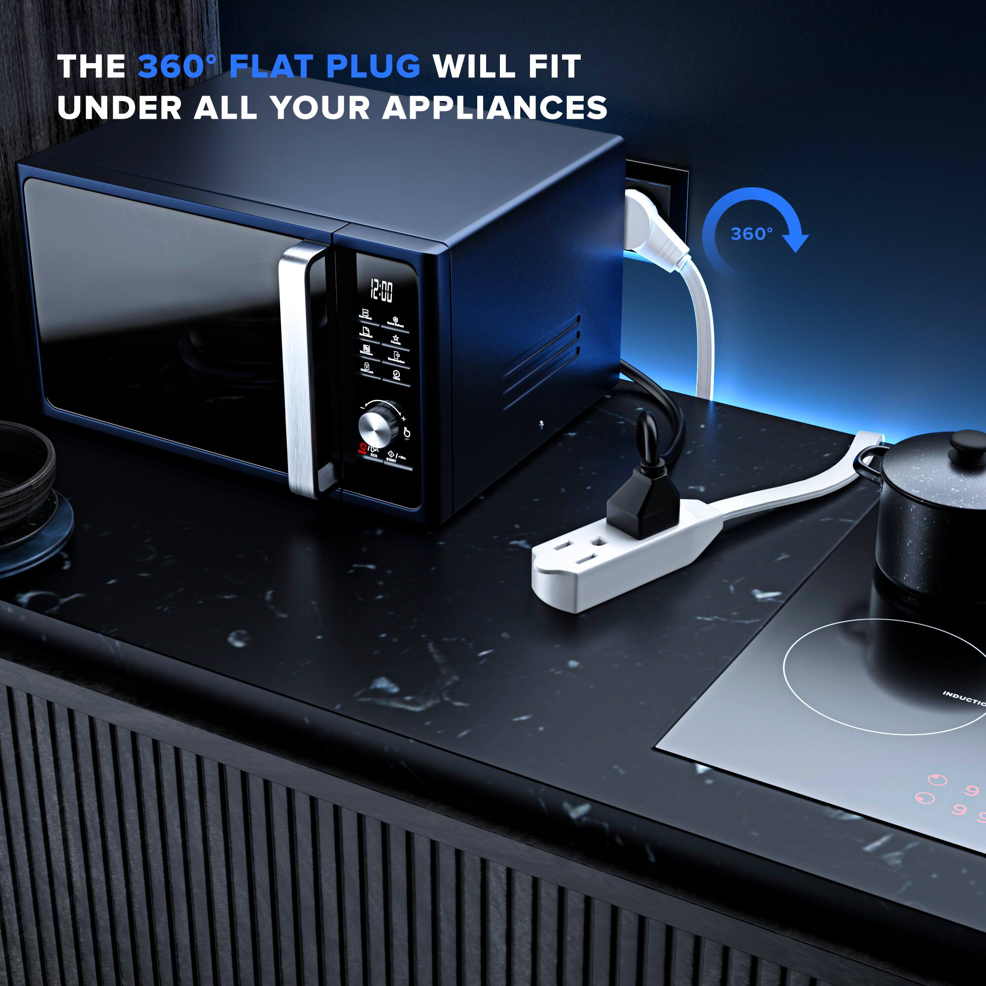 THE 360° FLAT PLUG WILL FIT UNDER ALL YOUR APPLIANCES 360° 2:00 1.  A & S b a i 6 BE 3 INDUCTI