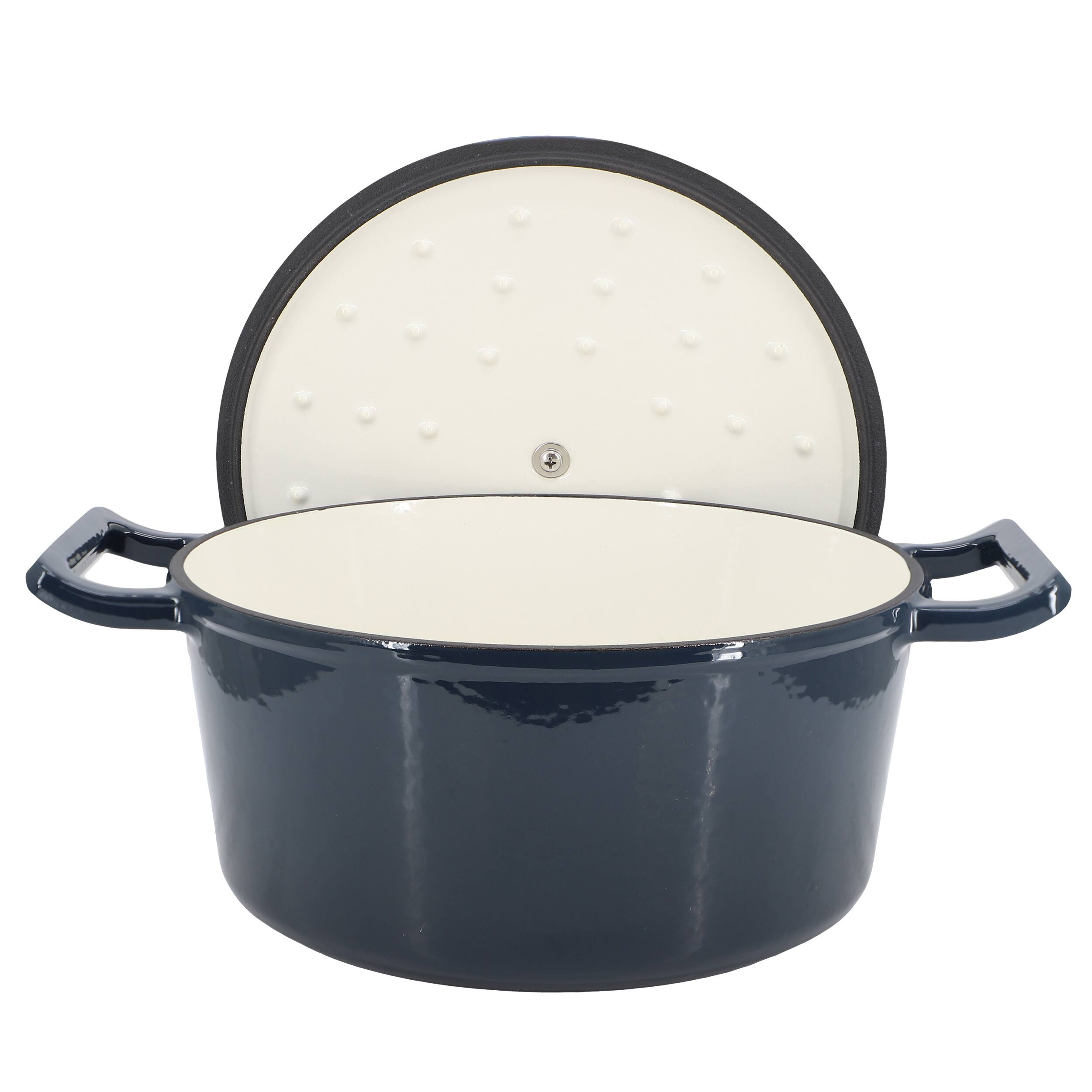 Alt View 2. MegaChef - MegaChef 5.3 Quarts Round Enameled Cast Iron Casserole with Self Basting Lid in Gradient Dark Blue - Gradient Dark Blue.