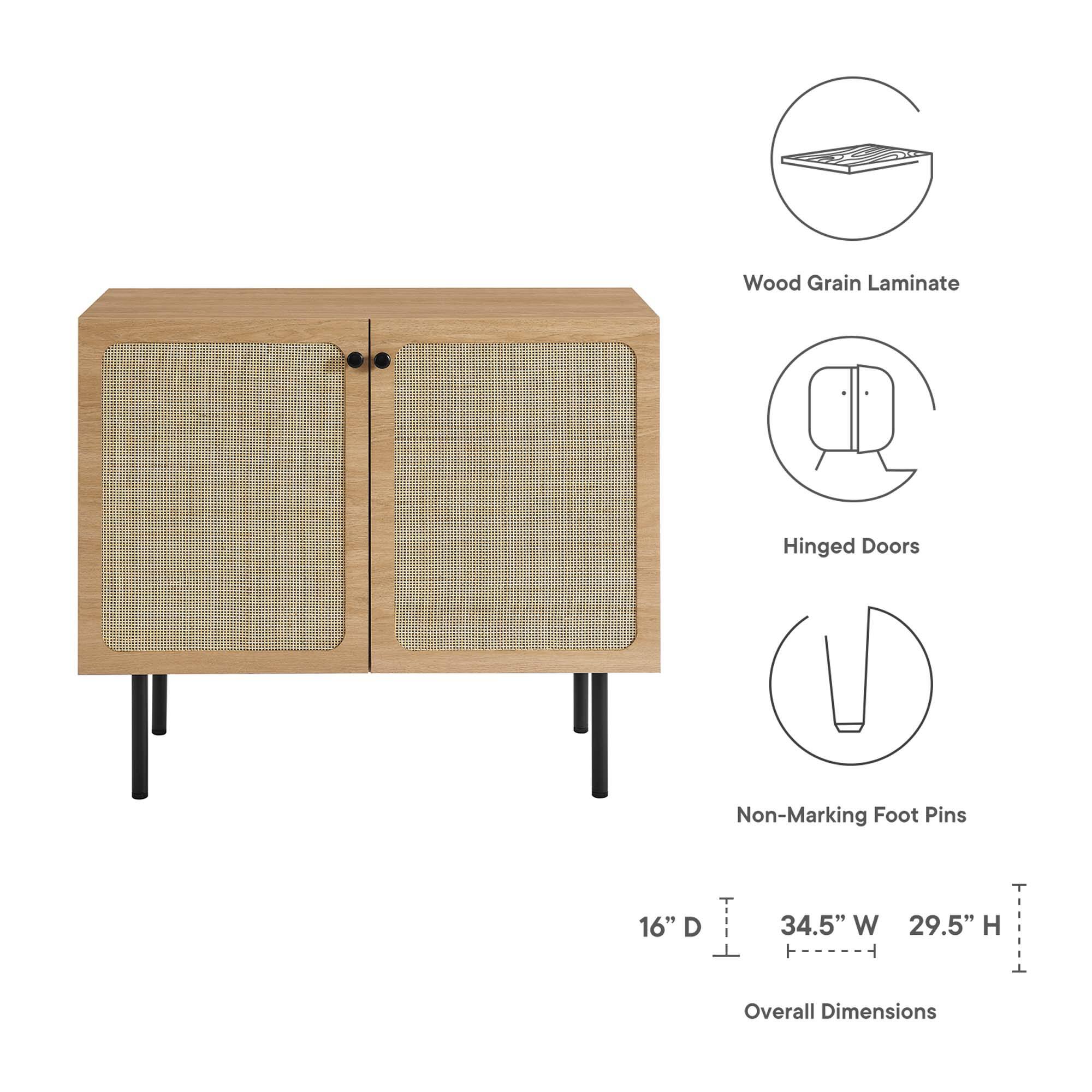 Wood Grain Laminate  
Hinged Doors  
Non-Marking Foot Pins  

Overall Dimensions:  
16" D x 34.5" W x 29.5" H