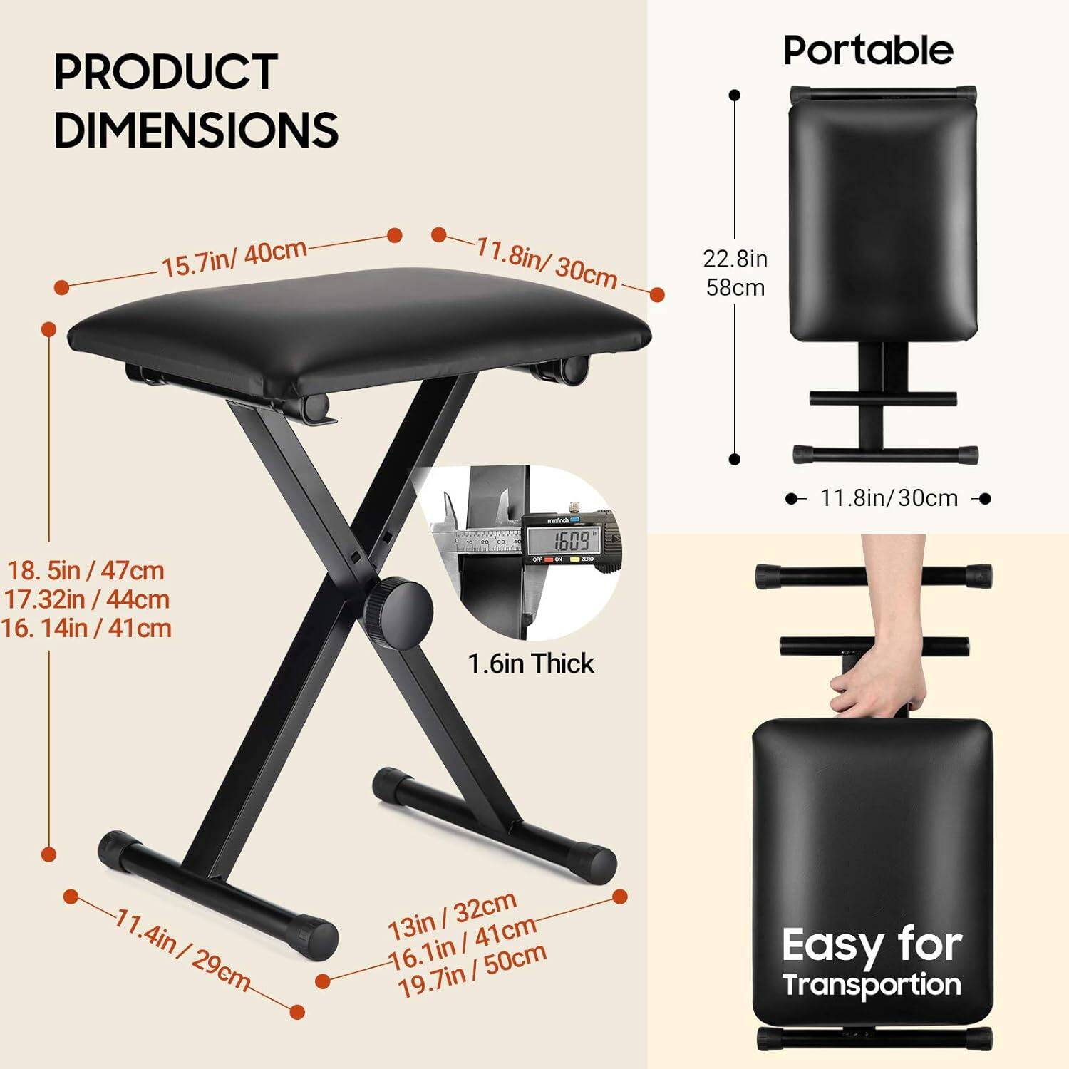 PRODUCT DIMENSIONS

- Portable
  - 15.7in / 40cm
  - 11.8in / 30cm
  - 22.8in / 58cm
  - 11.8in / 30cm
  - 18.5in / 47cm
  - 17.32in / 44cm
  - 16.14in / 41cm
  - 11.4in / 29cm
  - 13in / 32cm
  - 16.1in / 41cm
  - 19.7in / 50cm

- 1.6in Thick

- Easy for Transportation
