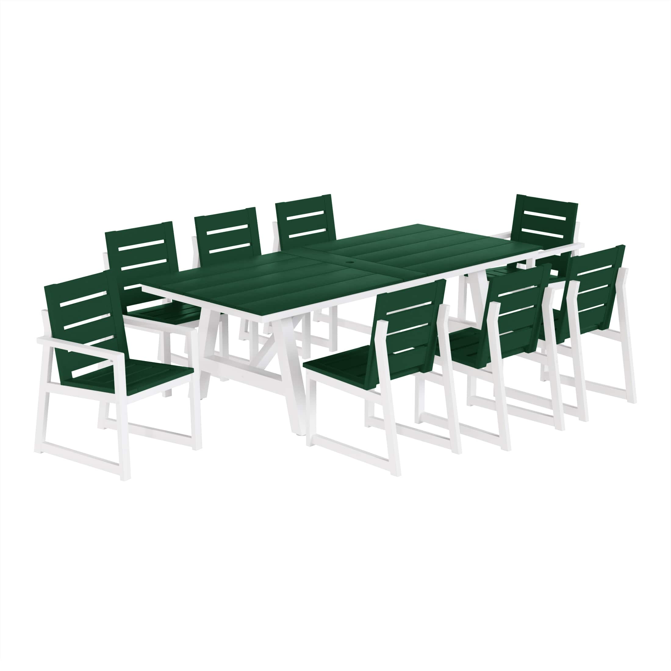 WestinTrends - Cape May 9-Piece HDPE Outdoor Furniture Patio Dining Table With Umbrella Hole and Chairs Set For 8 - Dark Green
