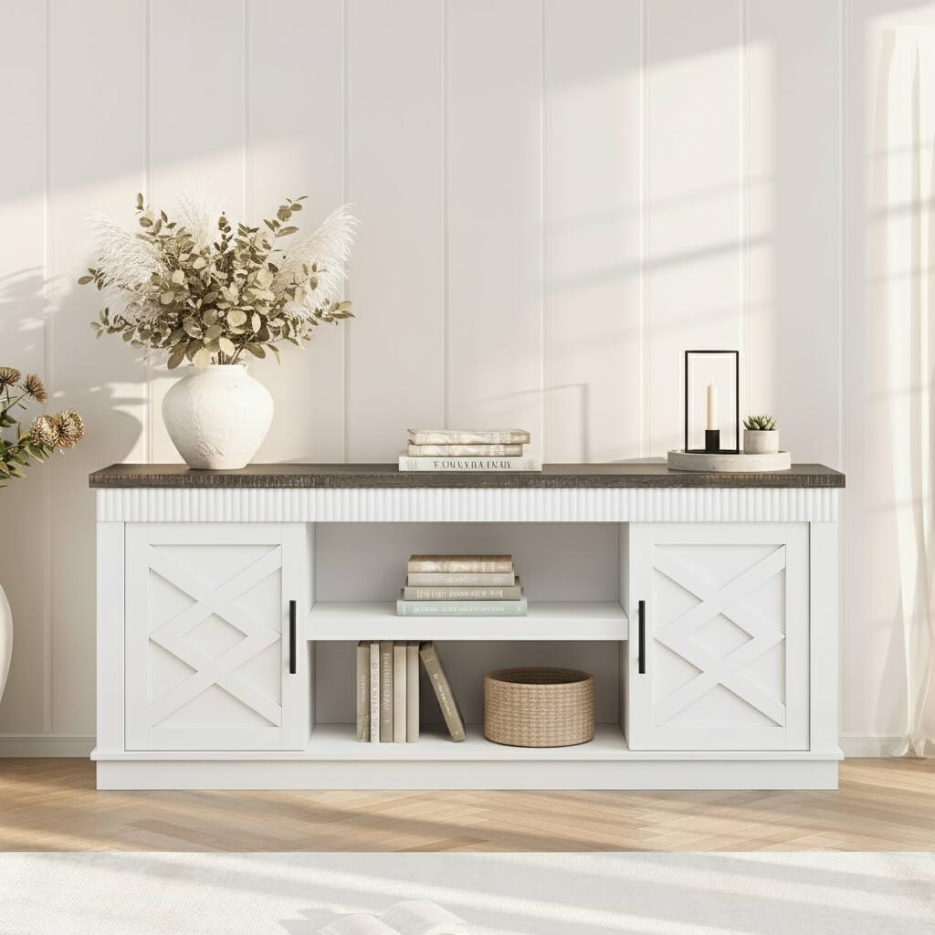 GARVEE - Fluted TV Stand, with 2 Door &Open Storage Shelf - White