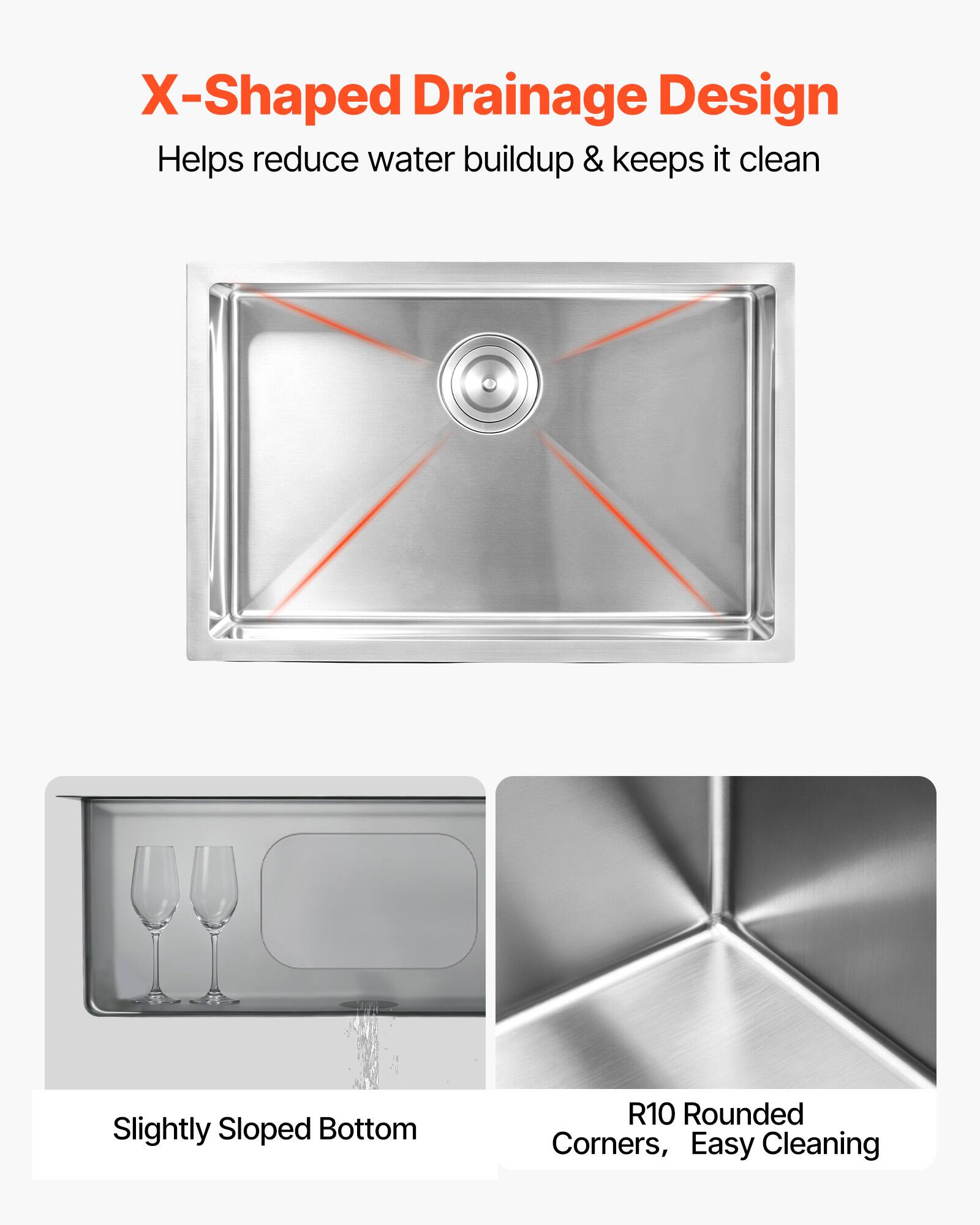 X-Shaped Drainage Design Helps reduce water buildup & keeps it clean  
Slightly Sloped Bottom  
R10 Rounded Corners, Easy Cleaning