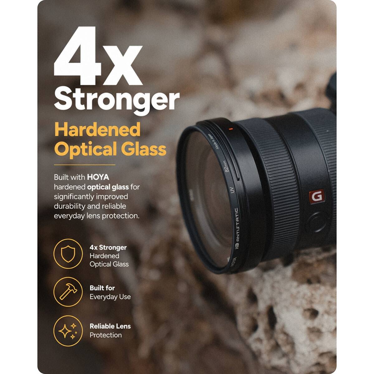 4x Stronger Hardened Optical Glass Mode Optical 82mm Built with HOYA hardened optical glass for UV significantly improved durability and reliable everyday lens protection. ANTISTATIC 4x Stronger D Hardened Optical Glass AYOH G Built for Everyday Use Reliable Lens Protection
