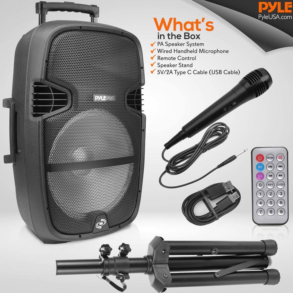 What's in the Box  
PA Speaker System  
Wired Handheld Microphone  
Remote Control  
Speaker Stand  
5V/2A Type C Cable (USB Cable)  

PYLE  
PyleUSA.com  

PYLEPRO  

Mode D  
HH P EQ  
0 RPT UISD  
1 2 3 4 5 6 a  
7 8 9