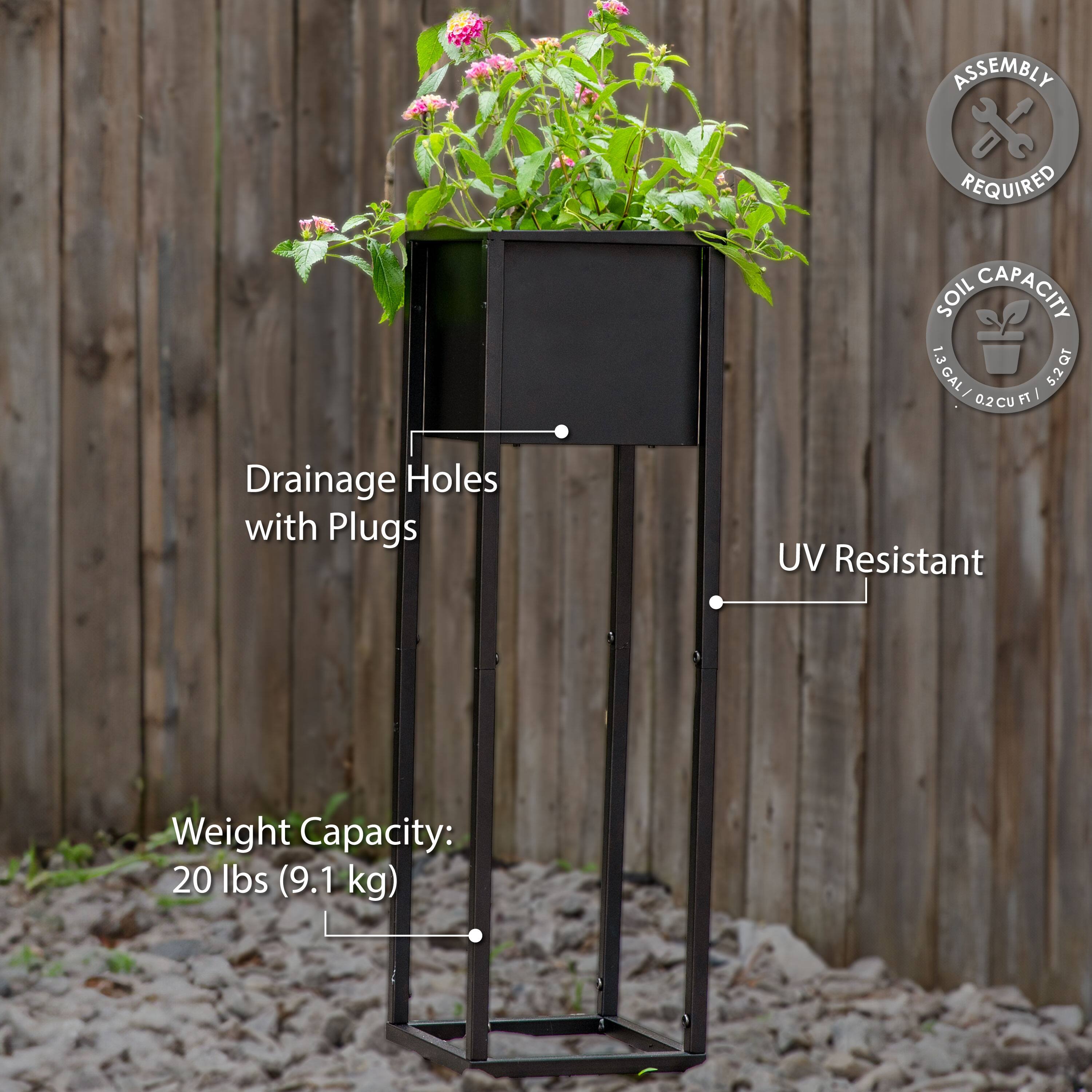 - Assembly Required
- Soil Capacity: 1.3 Gallons / 5.2 Quarts / 0.2 Cubic Feet
- Drainage Holes with Plugs
- UV Resistant
- Weight Capacity: 20 lbs (9.1 kg)