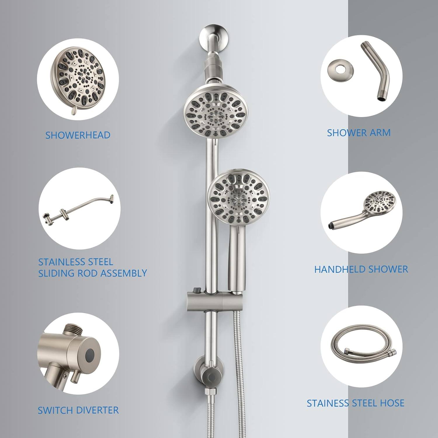 SHOWERHEAD, SHOWER ARM, STAINLESS STEEL SLIDING ROD ASSEMBLY, HANDHELD SHOWER, SWITCH DIVERter, STAINLESS STEEL HOSE