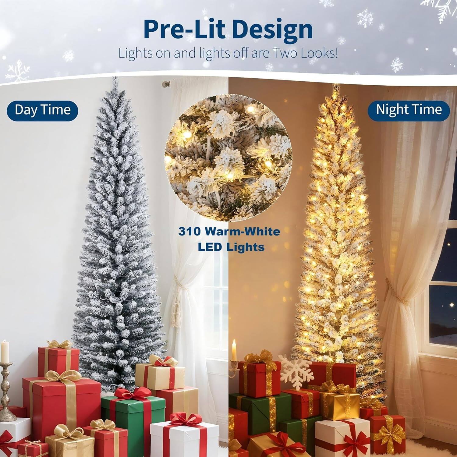 Angle. Qeetex - 9ft Flocked Pencil Christmas Tree, Pre-lit Slim Frosted Artificial Tree with Warm White LED Lights - Green 9ft.