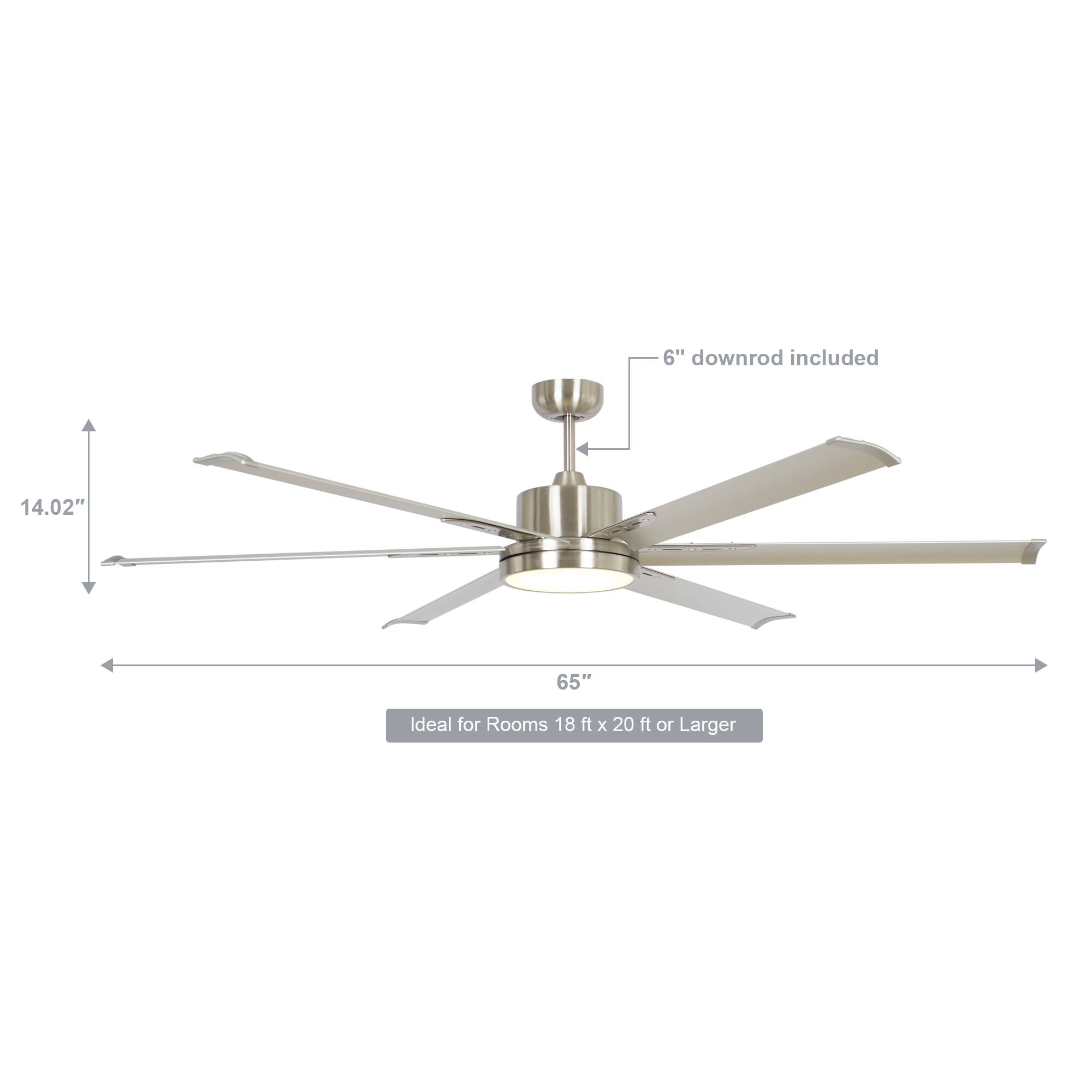 6" downrod included  
14.02"  
65"  
Ideal for Rooms 18 ft x 20 ft or Larger