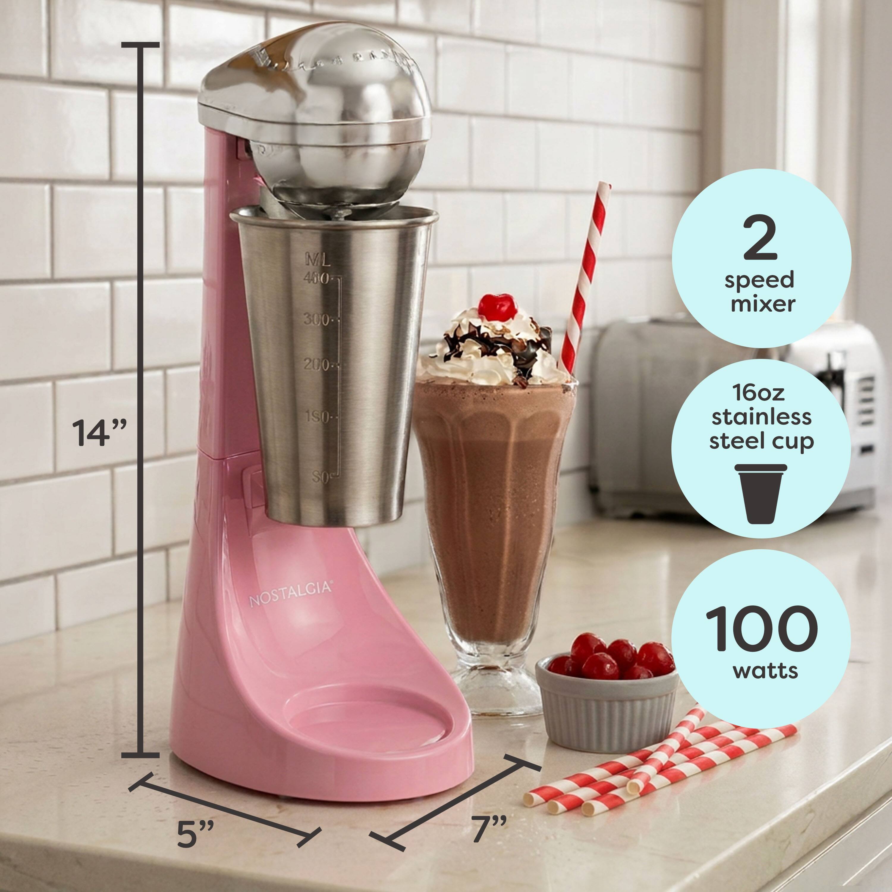ML 480-300 2 speed mixer 14" 200 150 SDe 16oz stainless steel cup NOSTALGIA 100 watts 5" 7"