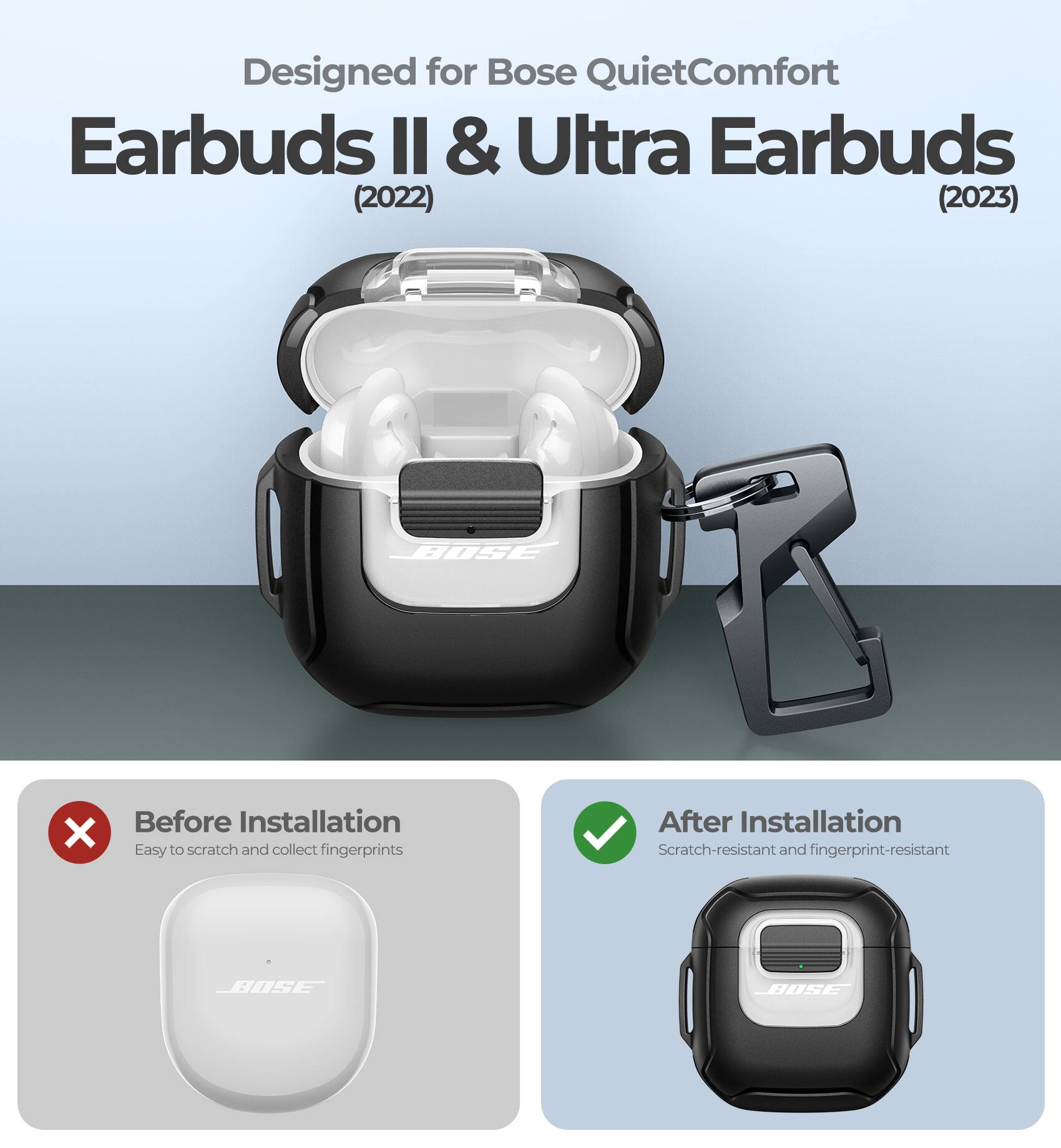 Designed for Bose QuietComfort Earbuds II & Ultra Earbuds (2022) (2023)

Before Installation
Easy to scratch and collect fingerprints

After Installation
Scratch-resistant and fingerprint-resistant