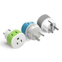 Orei - Denmark Plug Adapter 3-Pack – Type K & E/F – Dual USA Inputs – Grounded for Phones & Laptops - Blue