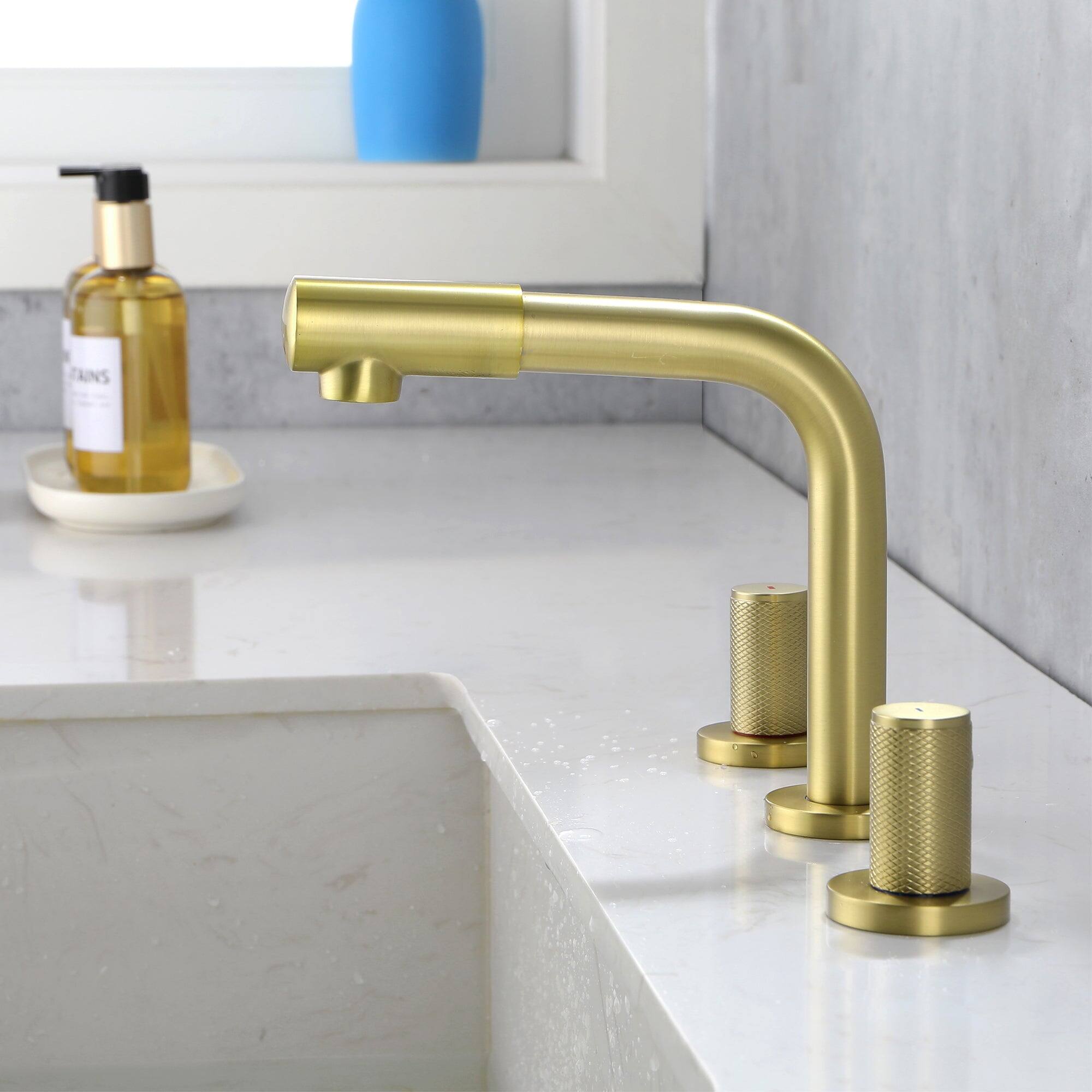 Left. Boyel Living - 8 in Widespread Double Handle 360 Degree Swivel Spout Bathroom Faucet with Quick Connect Hose in Brushed Gold - Brushed Gold.