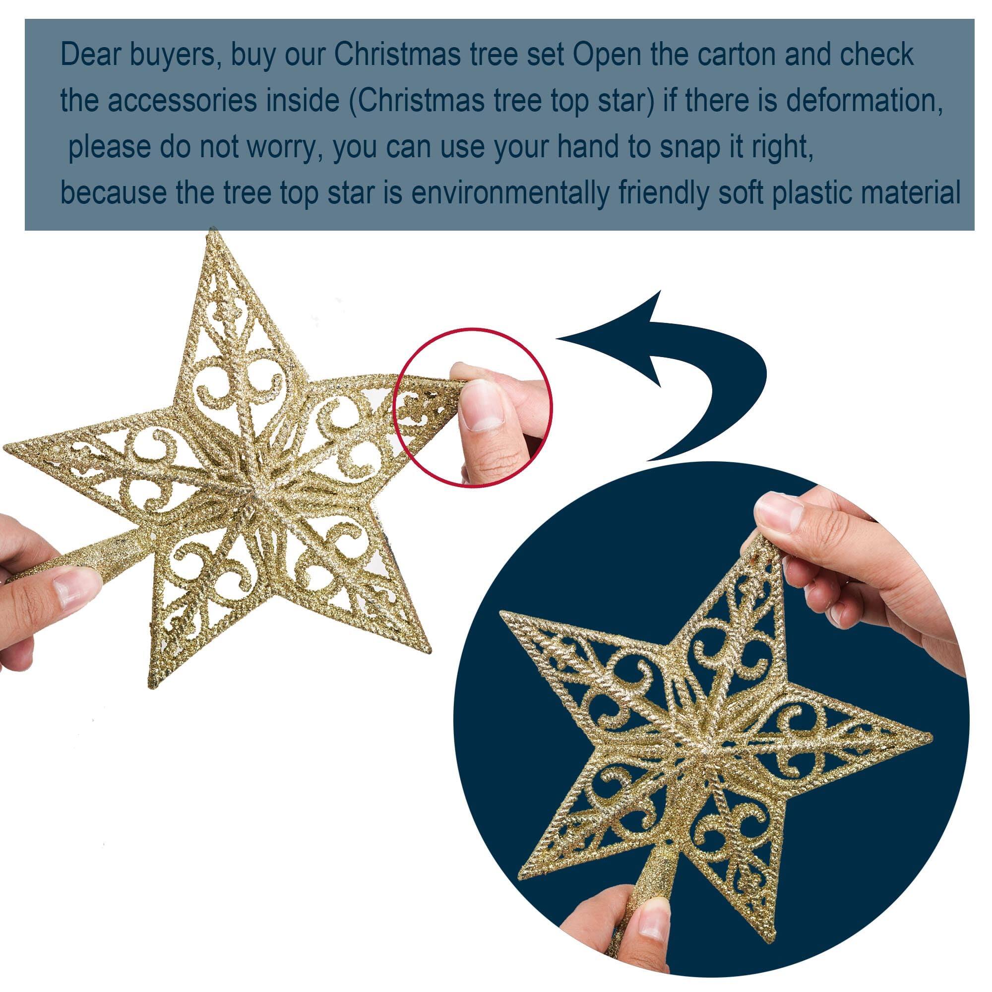 Dear buyers, buy our Christmas tree set. Open the carton and check the accessories inside (Christmas tree top star). If there is deformation, please do not worry, you can use your hand to snap it right, because the tree top star is environmentally friendly soft plastic material.