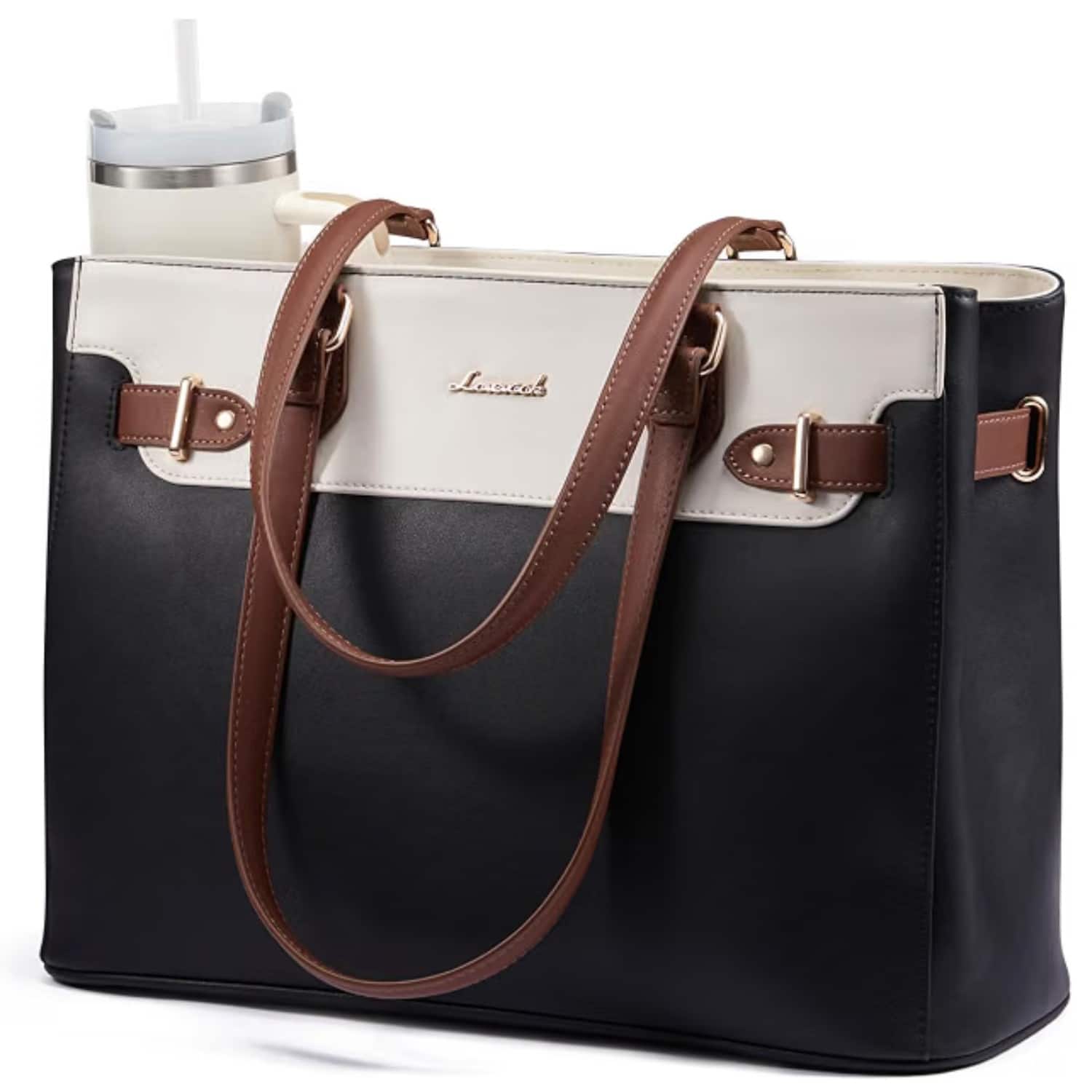 LOVEVOOK - Laptop Tote Bag for Women Work, Teacher Tote Bag with Large Cup Holder, Waterproof Leather Computer Bag - Black