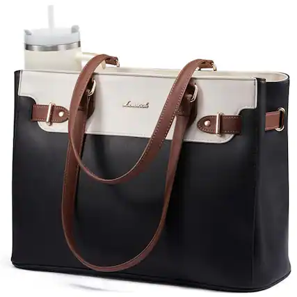 Front. LOVEVOOK - LOVEVOOK Laptop Tote Bag for Women Work, Teacher Tote Bag with Large Cup Holder, Waterproof Leather Computer Bag - Black.