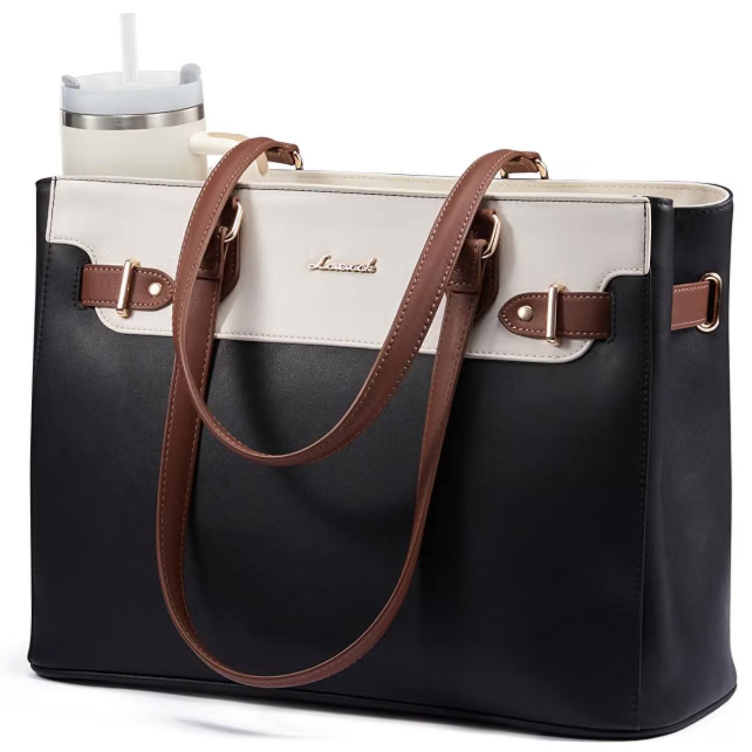Front. LOVEVOOK - LOVEVOOK Laptop Tote Bag for Women Work, Teacher Tote Bag with Large Cup Holder, Waterproof Leather Computer Bag - Black.