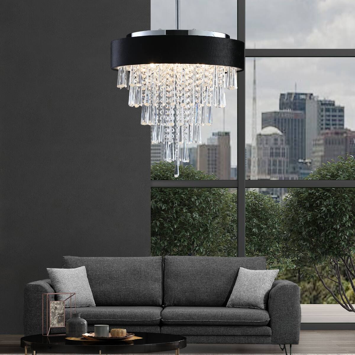 Back. Loheer - Loheer 18-Inch Modern Crystal Chandelier with Black Velvet Shade, Adjustable Height, Eight-Light G9 Fixture.
