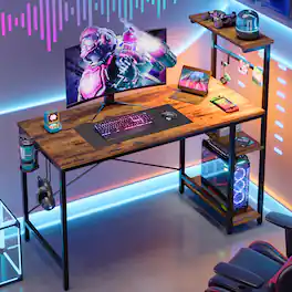 Bestier - 44" Gaming Desk with RGB LED Lights, 4-Tier Storage Shelves, and Hook - Brown