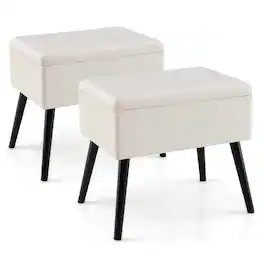Costway - 2 PCS Velvet Vanity Stool Ottoman with Storage Solid Wood Legs Flip-Up Top - Beige