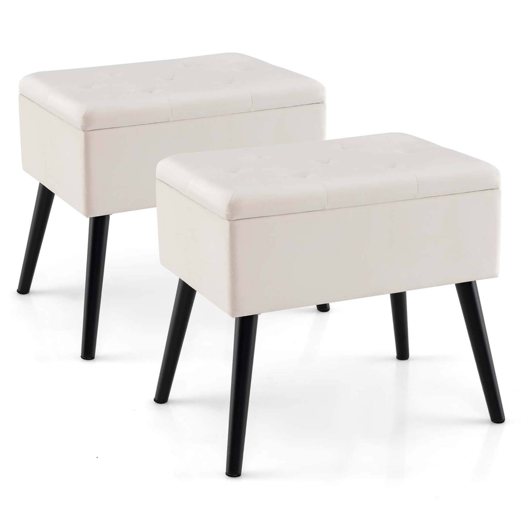 Front. Costway - Costway 2 PCS Velvet Vanity Stool Ottoman with Storage Solid Wood Legs Flip-Up Top Beige - Beige.