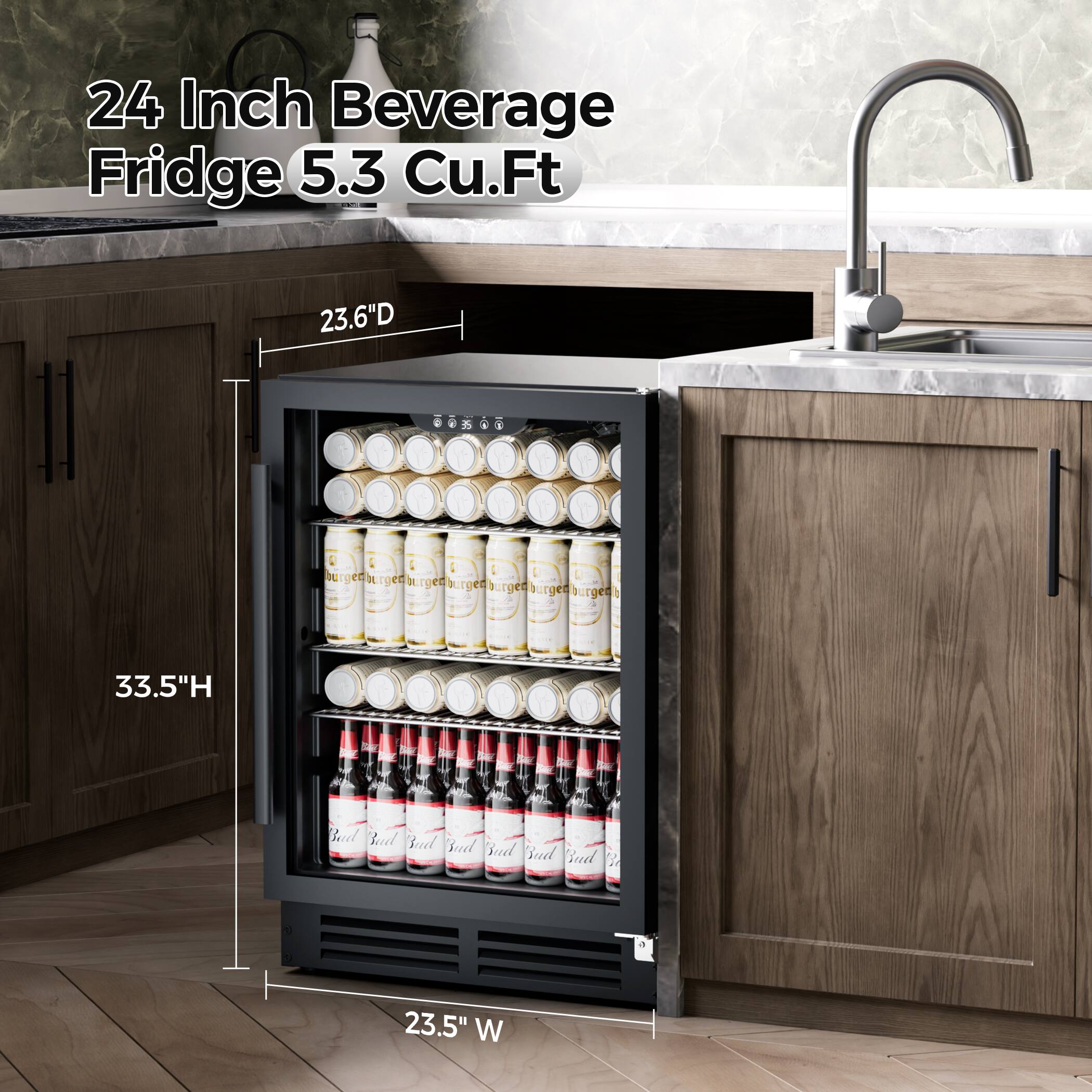 24 Inch Beverage Fridge 5.3 Cu.Ft  
23.6"D  
33.5"H  
23.5"W